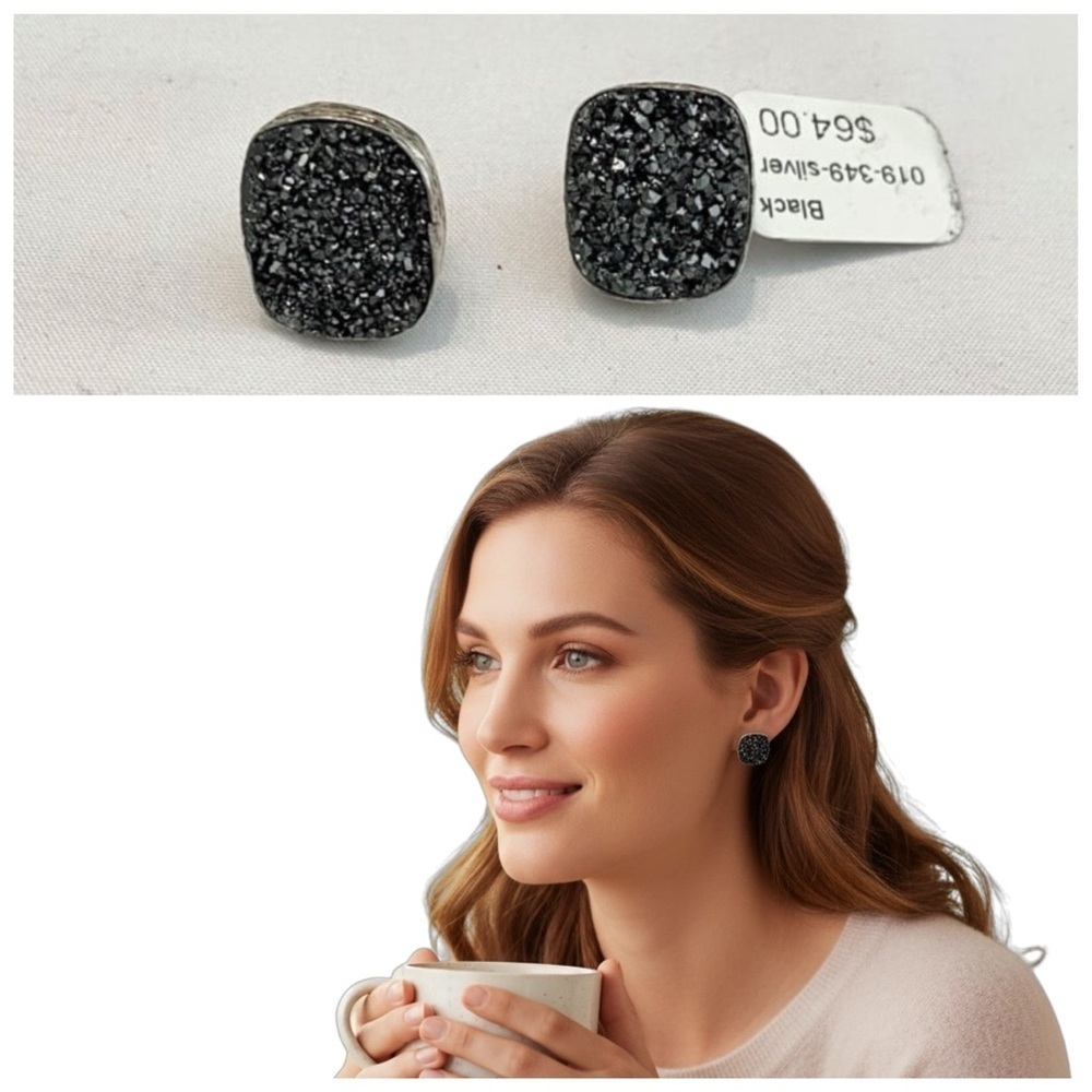CORALIA LEETS Silver Gunmetal Black Crystal Earrings NWT R $64